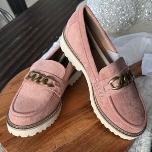 Corkys Pink Suede Loafers with Chain Detail NEW